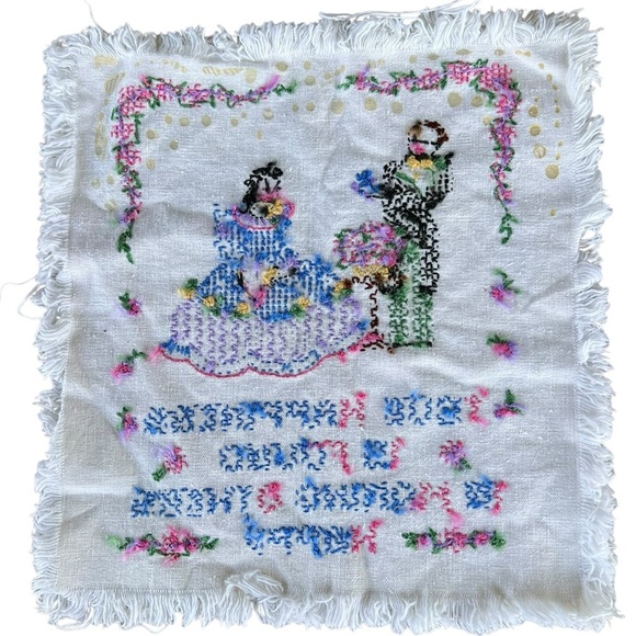 Vintage Home Sweet Home Colonial Couple Cross Stitch Embroidery Sampler 11x12 - Picture 2 of 8